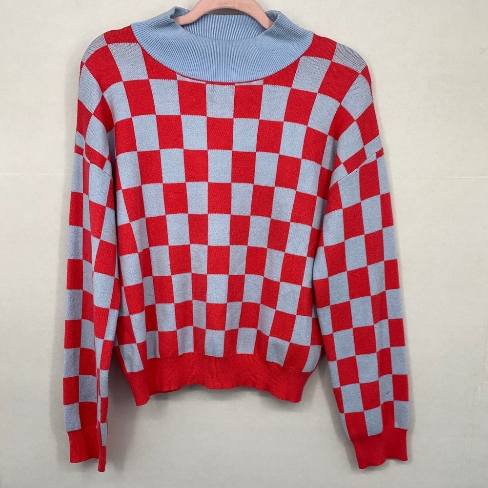 THML Large Red Blue Checkerboard Mock Neck Sweater Cozy Statement Knit